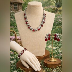 Vintage 1960s Red Rhinestone & Ribbon Motif Necklace, Bracelet, Clip Earring Set